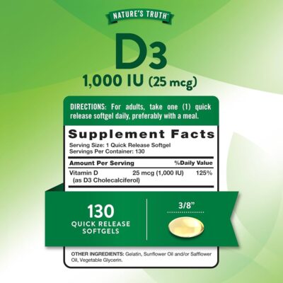 Nature's Truth D3 1000 IU (25 mcg) – 130 کپسول ویتامین D3 - تصویر 4